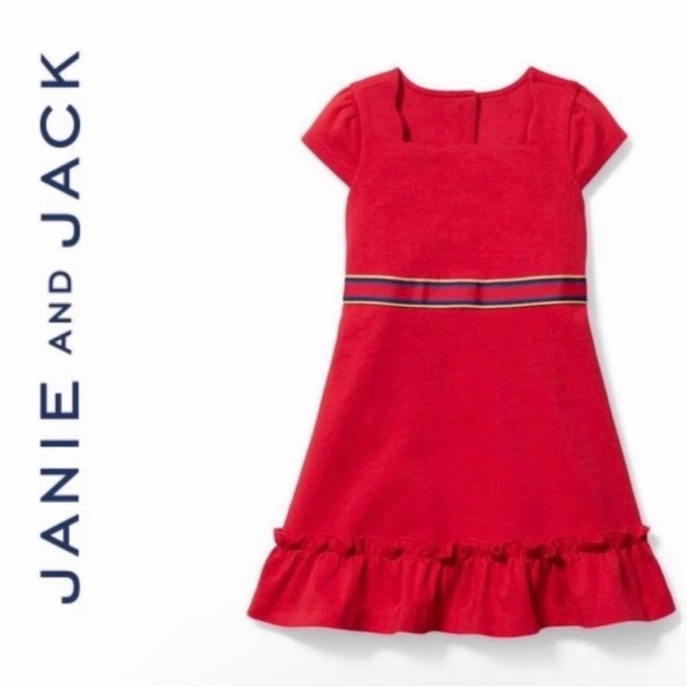Janie and Jack Red Knit Dress with Ribbon Waistband Scalloped